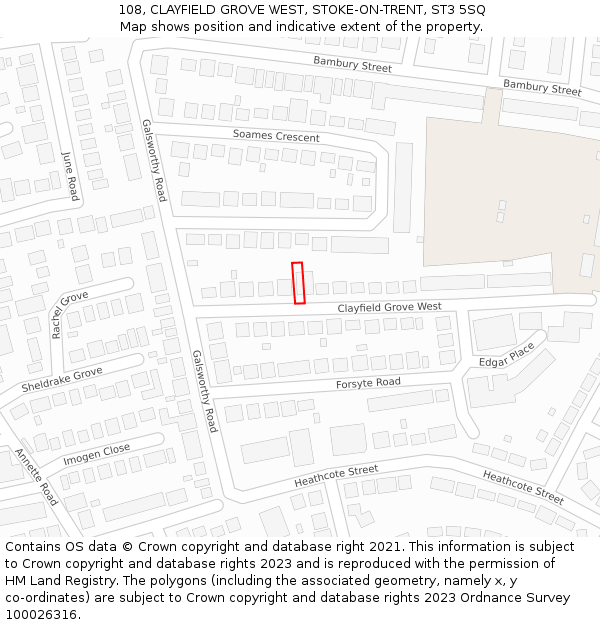 108, CLAYFIELD GROVE WEST, STOKE-ON-TRENT, ST3 5SQ: Location map and indicative extent of plot