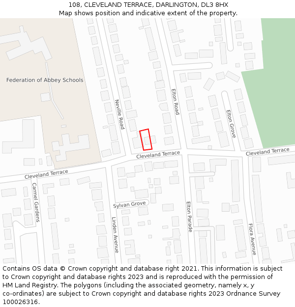 108, CLEVELAND TERRACE, DARLINGTON, DL3 8HX: Location map and indicative extent of plot