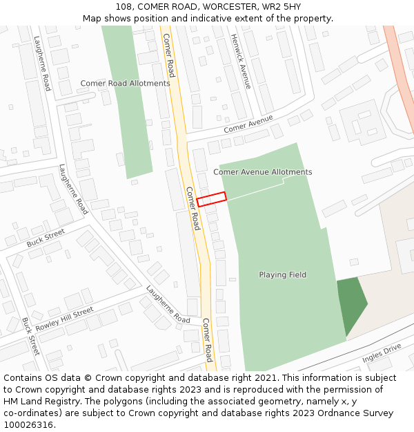 108, COMER ROAD, WORCESTER, WR2 5HY: Location map and indicative extent of plot