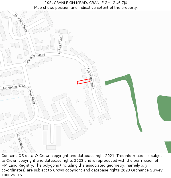 108, CRANLEIGH MEAD, CRANLEIGH, GU6 7JX: Location map and indicative extent of plot