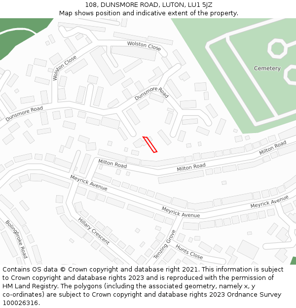 108, DUNSMORE ROAD, LUTON, LU1 5JZ: Location map and indicative extent of plot