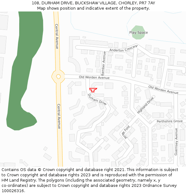 108, DURHAM DRIVE, BUCKSHAW VILLAGE, CHORLEY, PR7 7AY: Location map and indicative extent of plot