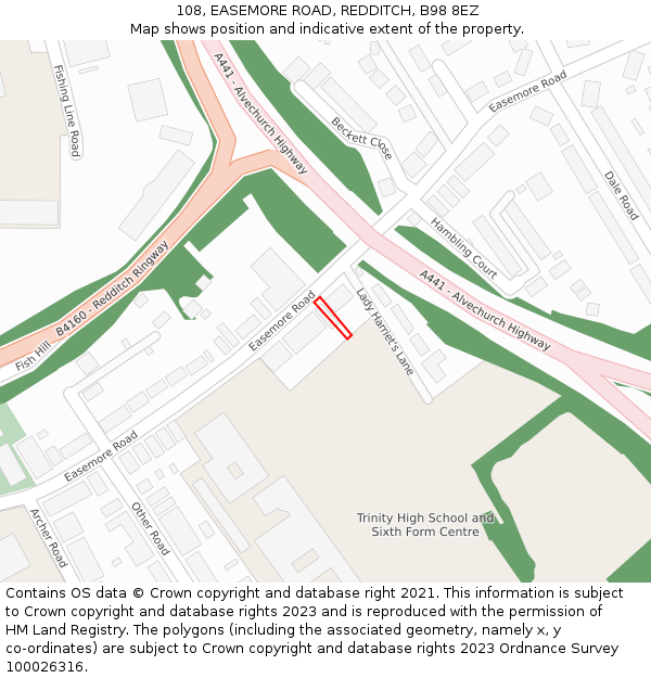 108, EASEMORE ROAD, REDDITCH, B98 8EZ: Location map and indicative extent of plot