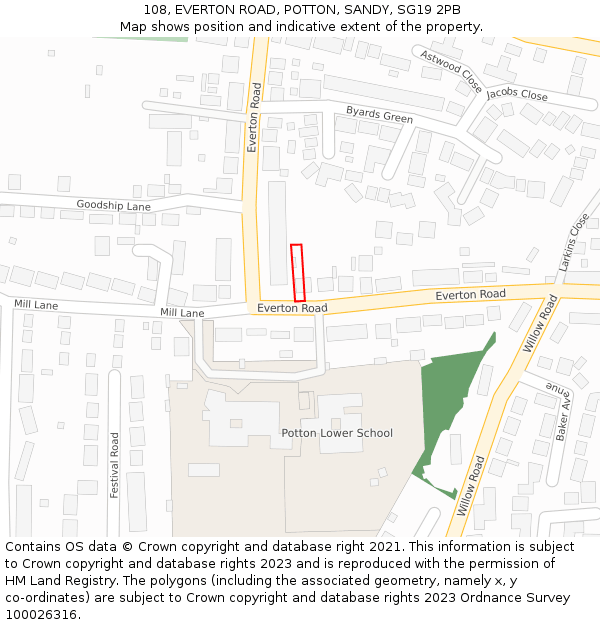 108, EVERTON ROAD, POTTON, SANDY, SG19 2PB: Location map and indicative extent of plot