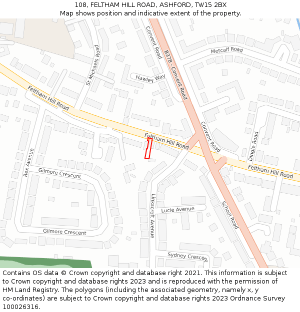 108, FELTHAM HILL ROAD, ASHFORD, TW15 2BX: Location map and indicative extent of plot
