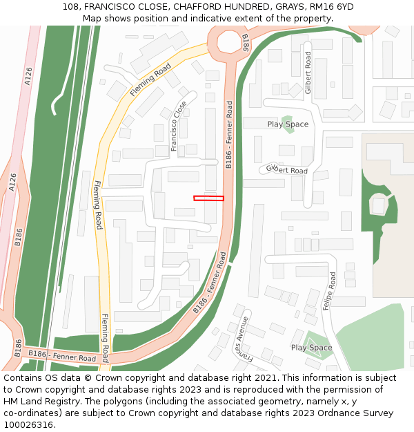 108, FRANCISCO CLOSE, CHAFFORD HUNDRED, GRAYS, RM16 6YD: Location map and indicative extent of plot