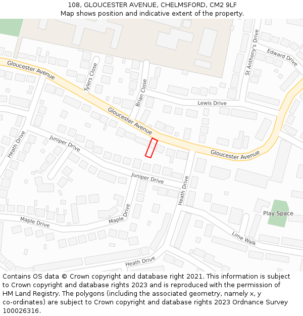 108, GLOUCESTER AVENUE, CHELMSFORD, CM2 9LF: Location map and indicative extent of plot