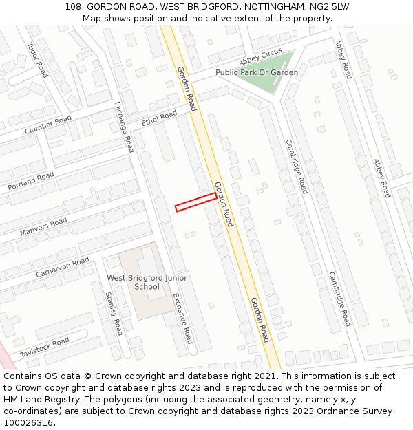 108, GORDON ROAD, WEST BRIDGFORD, NOTTINGHAM, NG2 5LW: Location map and indicative extent of plot