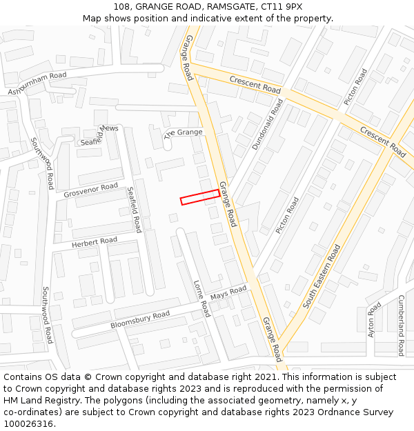 108, GRANGE ROAD, RAMSGATE, CT11 9PX: Location map and indicative extent of plot