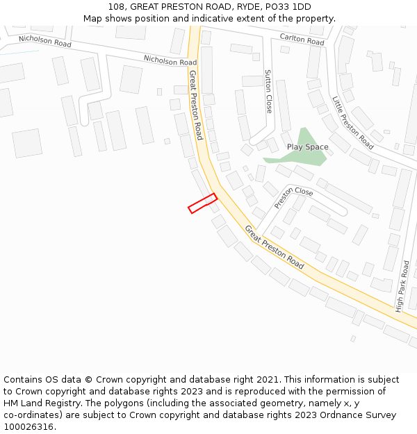 108, GREAT PRESTON ROAD, RYDE, PO33 1DD: Location map and indicative extent of plot