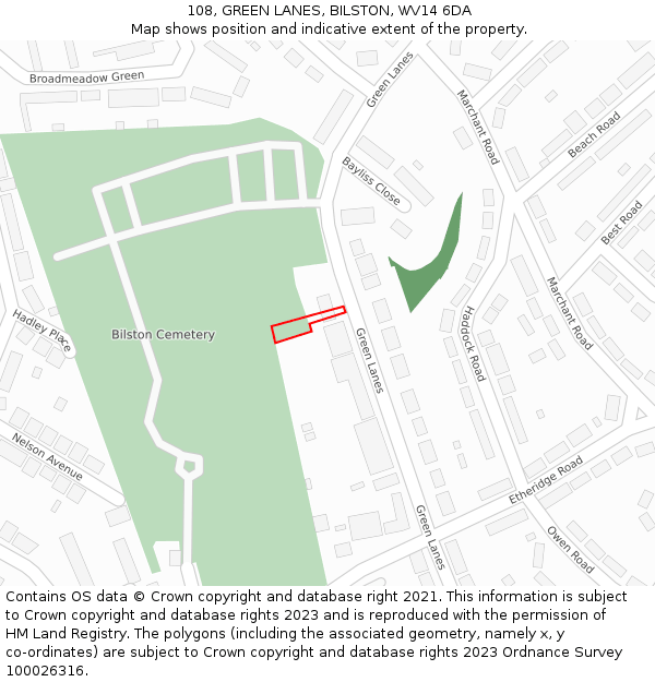 108, GREEN LANES, BILSTON, WV14 6DA: Location map and indicative extent of plot