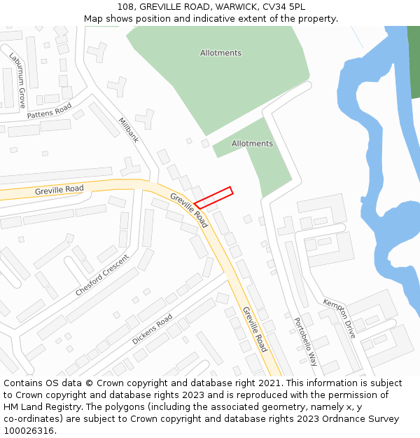 108, GREVILLE ROAD, WARWICK, CV34 5PL: Location map and indicative extent of plot