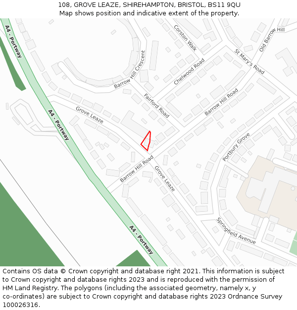 108, GROVE LEAZE, SHIREHAMPTON, BRISTOL, BS11 9QU: Location map and indicative extent of plot
