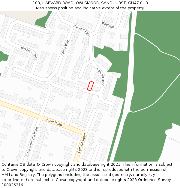 108, HARVARD ROAD, OWLSMOOR, SANDHURST, GU47 0UR: Location map and indicative extent of plot