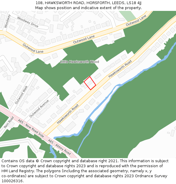 108, HAWKSWORTH ROAD, HORSFORTH, LEEDS, LS18 4JJ: Location map and indicative extent of plot