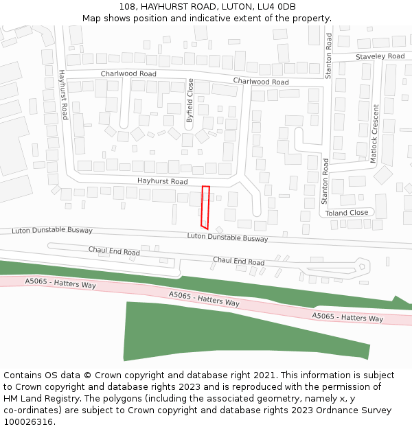 108, HAYHURST ROAD, LUTON, LU4 0DB: Location map and indicative extent of plot