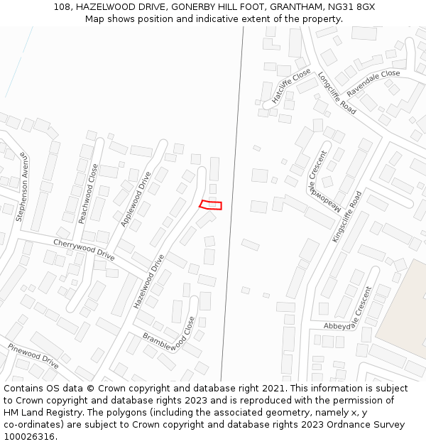 108, HAZELWOOD DRIVE, GONERBY HILL FOOT, GRANTHAM, NG31 8GX: Location map and indicative extent of plot