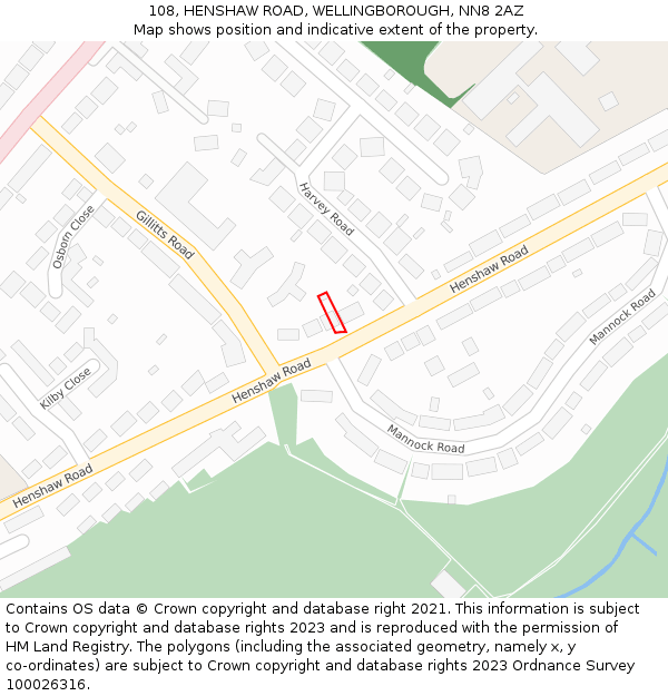 108, HENSHAW ROAD, WELLINGBOROUGH, NN8 2AZ: Location map and indicative extent of plot