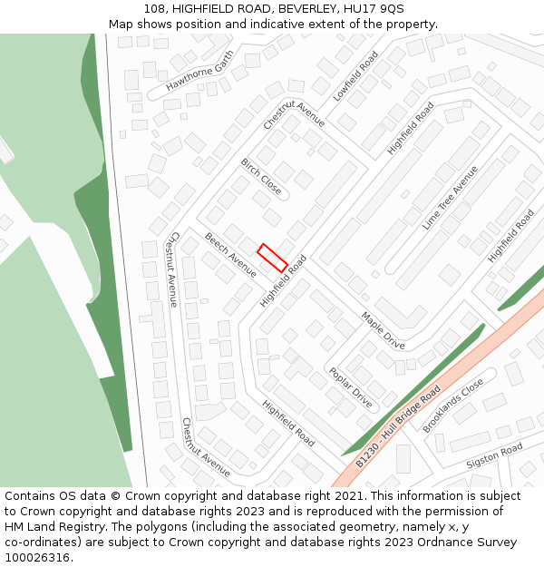 108, HIGHFIELD ROAD, BEVERLEY, HU17 9QS: Location map and indicative extent of plot