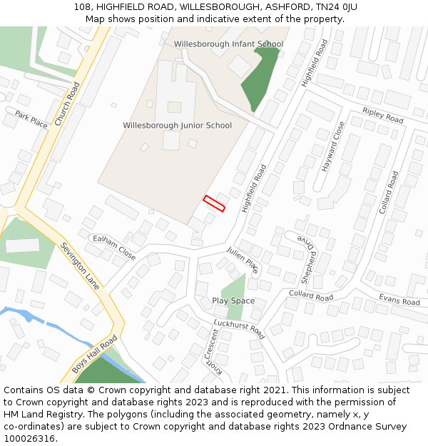 108, HIGHFIELD ROAD, WILLESBOROUGH, ASHFORD, TN24 0JU: Location map and indicative extent of plot