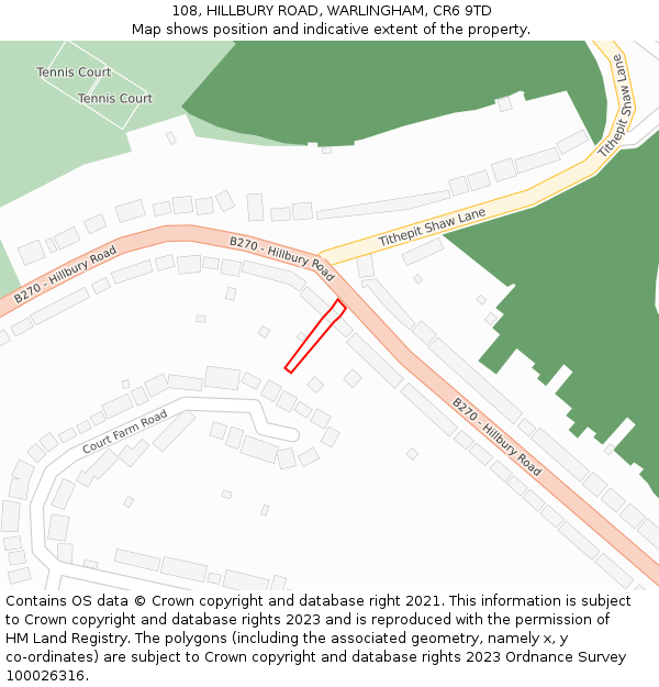 108, HILLBURY ROAD, WARLINGHAM, CR6 9TD: Location map and indicative extent of plot