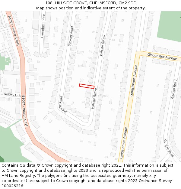 108, HILLSIDE GROVE, CHELMSFORD, CM2 9DD: Location map and indicative extent of plot