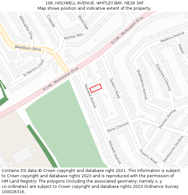 108, HOLYWELL AVENUE, WHITLEY BAY, NE26 3AF: Location map and indicative extent of plot