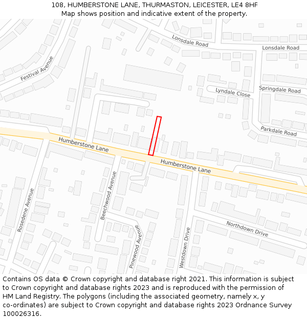 108, HUMBERSTONE LANE, THURMASTON, LEICESTER, LE4 8HF: Location map and indicative extent of plot
