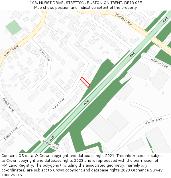 108, HURST DRIVE, STRETTON, BURTON-ON-TRENT, DE13 0EE: Location map and indicative extent of plot