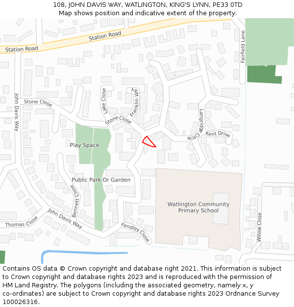 108, JOHN DAVIS WAY, WATLINGTON, KING'S LYNN, PE33 0TD: Location map and indicative extent of plot