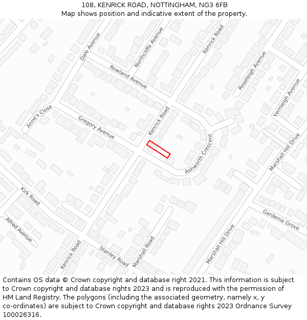 108, KENRICK ROAD, NOTTINGHAM, NG3 6FB: Location map and indicative extent of plot