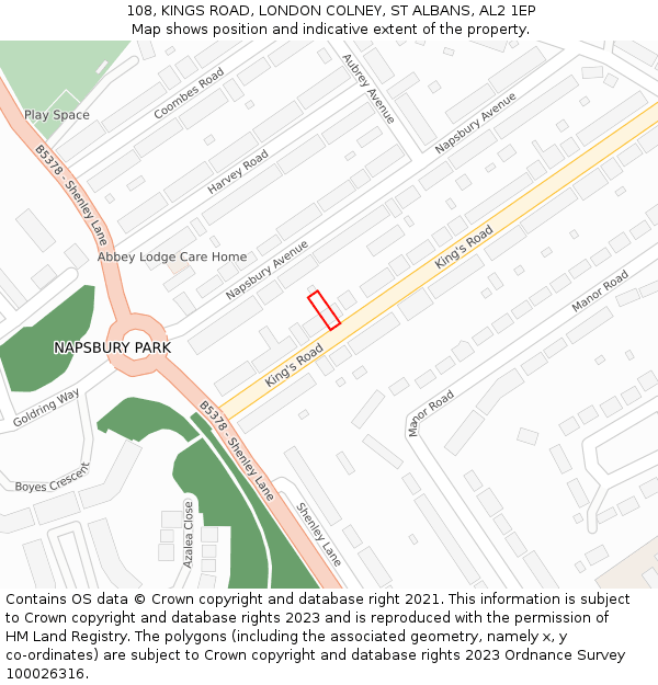 108, KINGS ROAD, LONDON COLNEY, ST ALBANS, AL2 1EP: Location map and indicative extent of plot