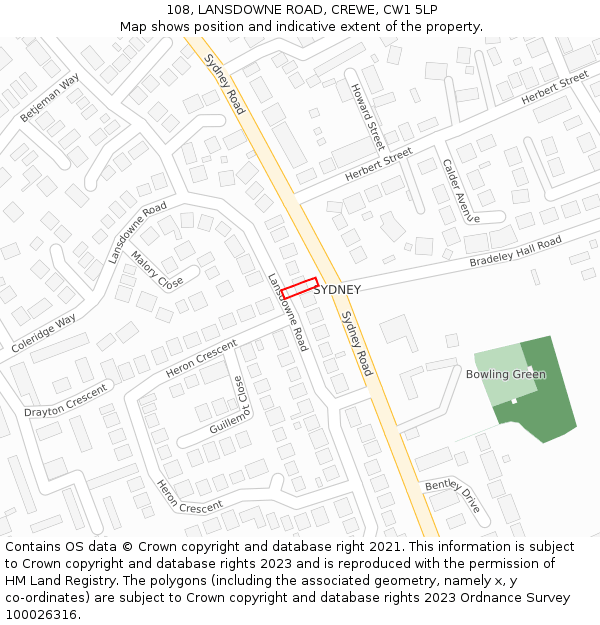 108, LANSDOWNE ROAD, CREWE, CW1 5LP: Location map and indicative extent of plot