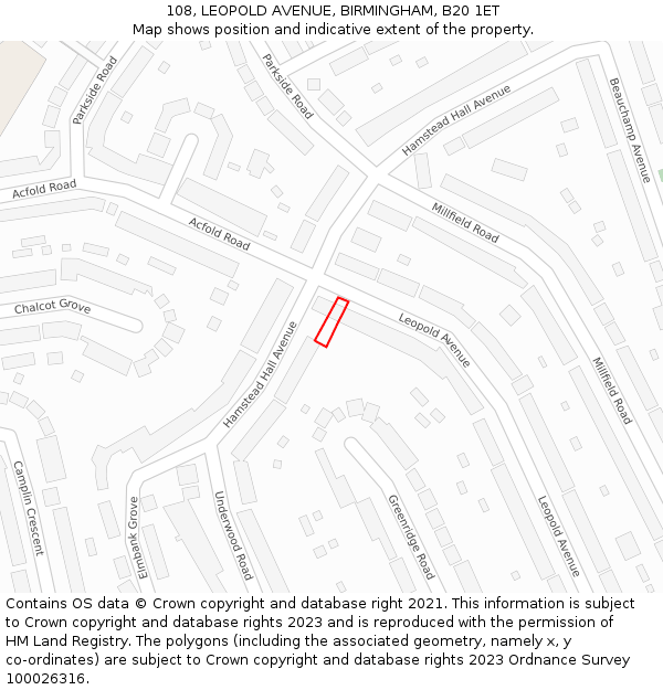 108, LEOPOLD AVENUE, BIRMINGHAM, B20 1ET: Location map and indicative extent of plot