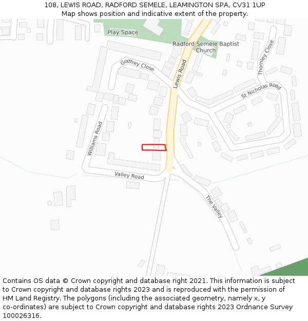 108, LEWIS ROAD, RADFORD SEMELE, LEAMINGTON SPA, CV31 1UP: Location map and indicative extent of plot