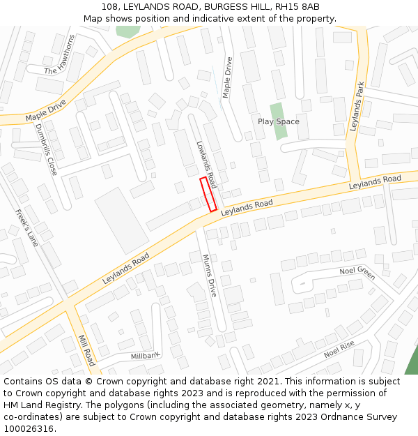 108, LEYLANDS ROAD, BURGESS HILL, RH15 8AB: Location map and indicative extent of plot