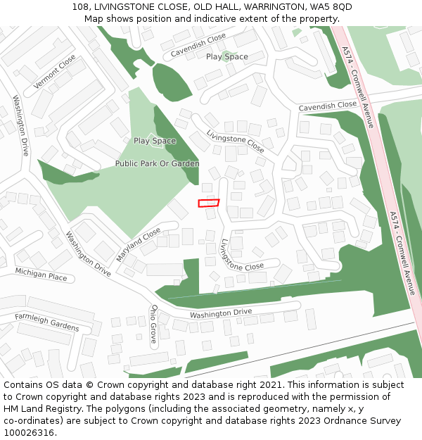 108, LIVINGSTONE CLOSE, OLD HALL, WARRINGTON, WA5 8QD: Location map and indicative extent of plot