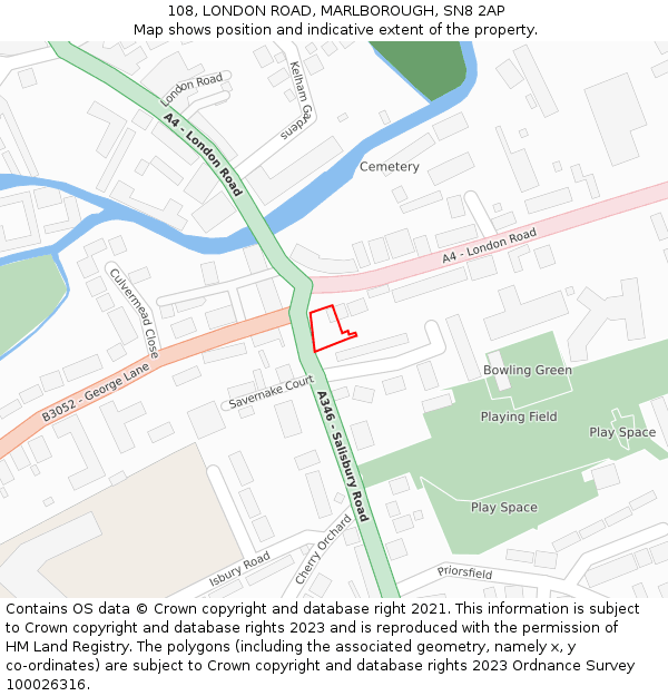 108, LONDON ROAD, MARLBOROUGH, SN8 2AP: Location map and indicative extent of plot