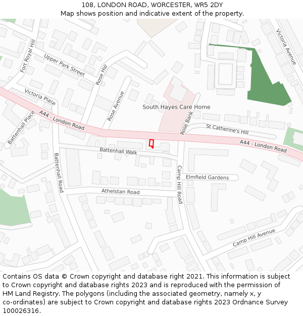 108, LONDON ROAD, WORCESTER, WR5 2DY: Location map and indicative extent of plot