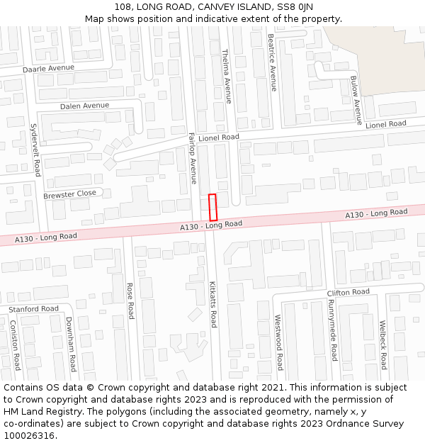 108, LONG ROAD, CANVEY ISLAND, SS8 0JN: Location map and indicative extent of plot