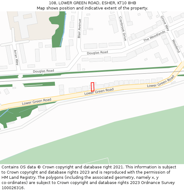 108, LOWER GREEN ROAD, ESHER, KT10 8HB: Location map and indicative extent of plot