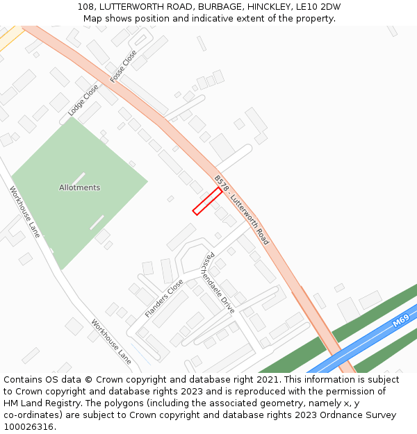 108, LUTTERWORTH ROAD, BURBAGE, HINCKLEY, LE10 2DW: Location map and indicative extent of plot