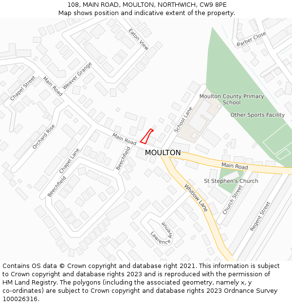 108, MAIN ROAD, MOULTON, NORTHWICH, CW9 8PE: Location map and indicative extent of plot