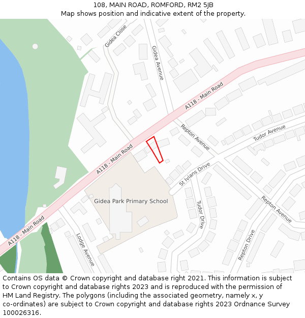 108, MAIN ROAD, ROMFORD, RM2 5JB: Location map and indicative extent of plot