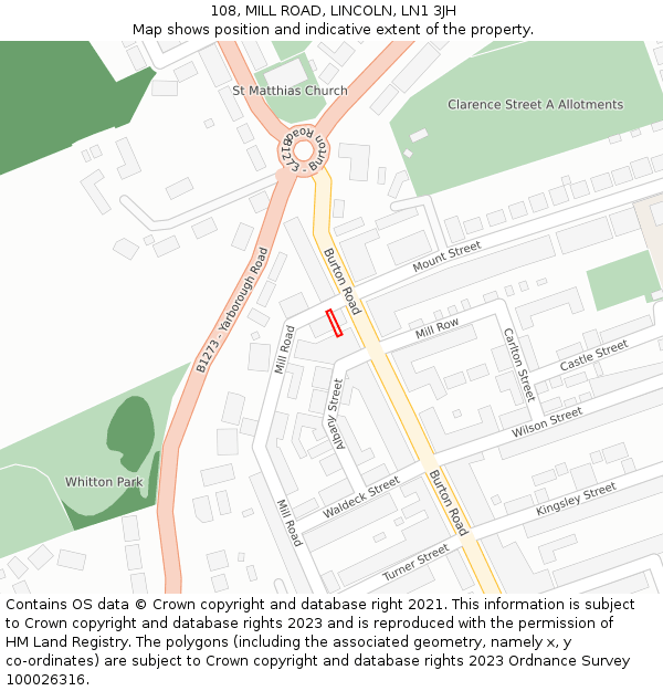 108, MILL ROAD, LINCOLN, LN1 3JH: Location map and indicative extent of plot