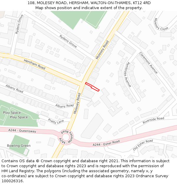 108, MOLESEY ROAD, HERSHAM, WALTON-ON-THAMES, KT12 4RD: Location map and indicative extent of plot