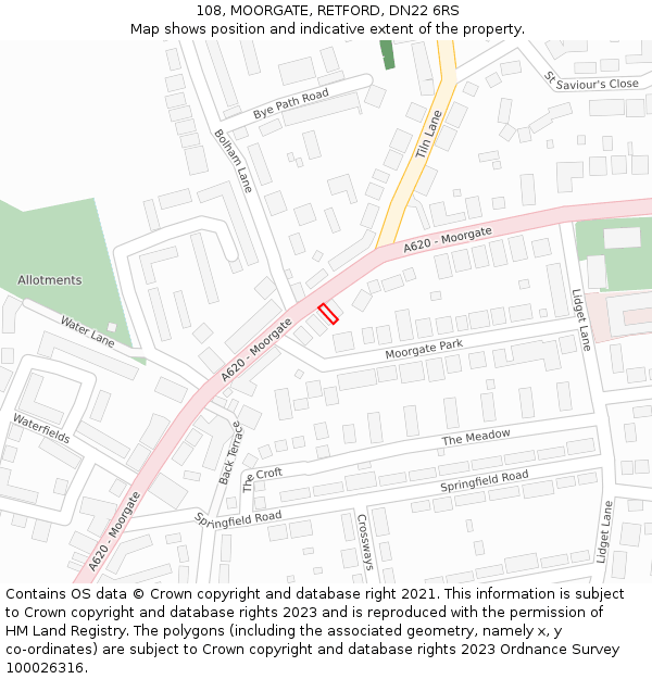 108, MOORGATE, RETFORD, DN22 6RS: Location map and indicative extent of plot