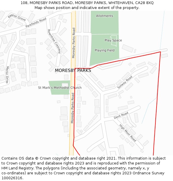 108, MORESBY PARKS ROAD, MORESBY PARKS, WHITEHAVEN, CA28 8XQ: Location map and indicative extent of plot