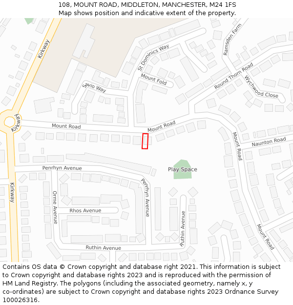 108, MOUNT ROAD, MIDDLETON, MANCHESTER, M24 1FS: Location map and indicative extent of plot