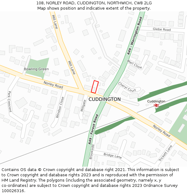 108, NORLEY ROAD, CUDDINGTON, NORTHWICH, CW8 2LG: Location map and indicative extent of plot